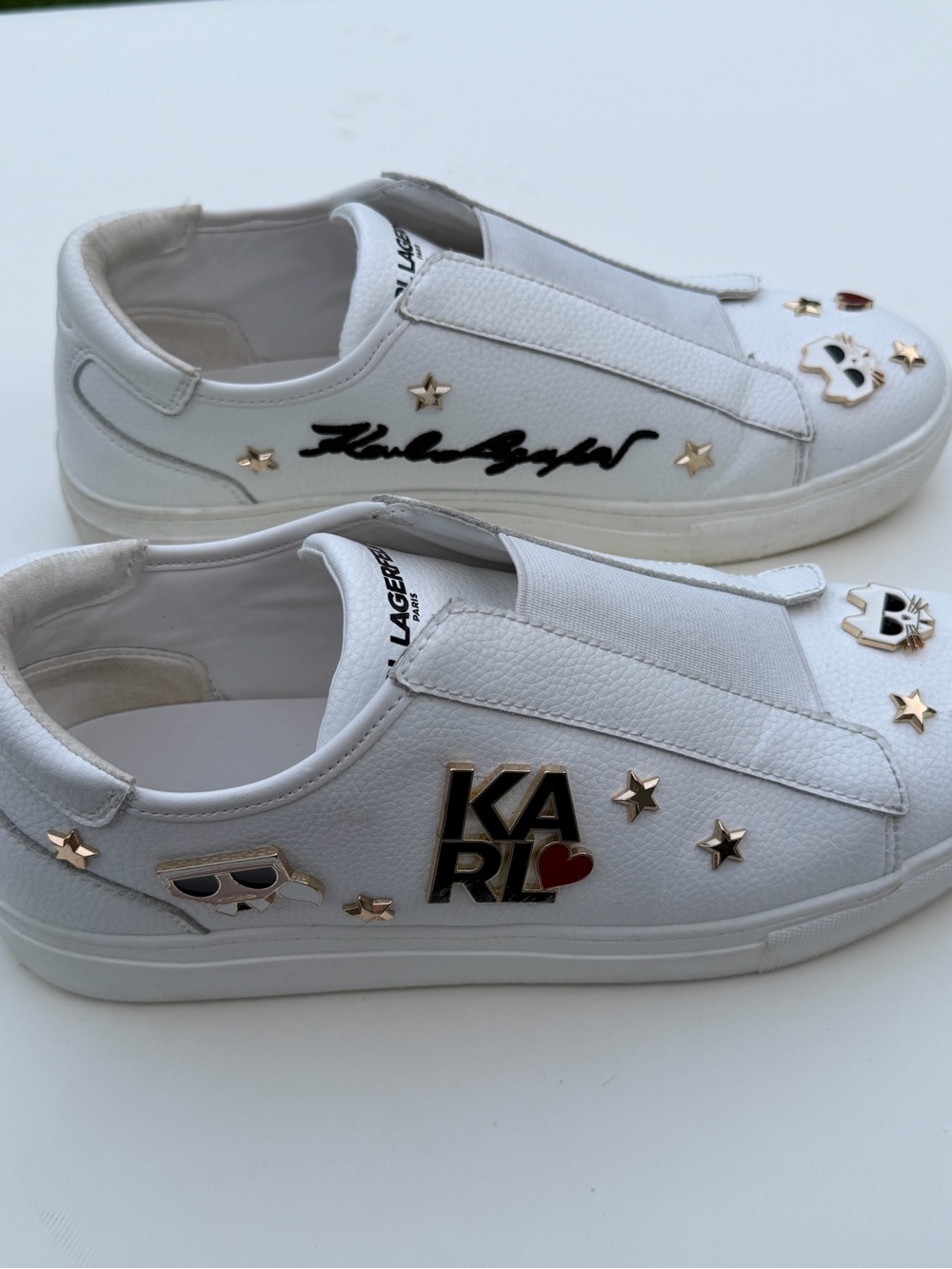 Karl Lagerfeld Paris Caitie White Slip-On Sneakers with Stud & Patch Accents - Picture 4 of 5